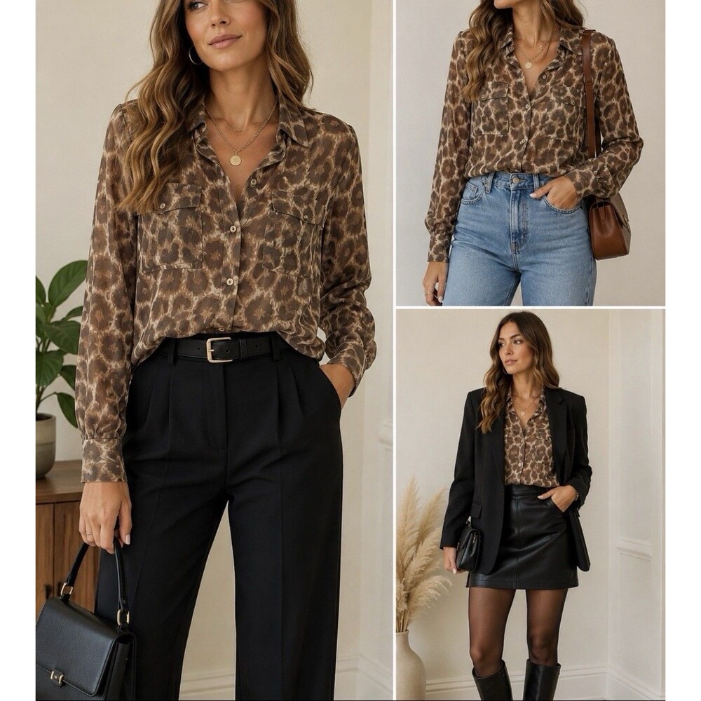Free People Animal Print Sheer Blouse Womens L Button Up Long Sleeve Top Pockets